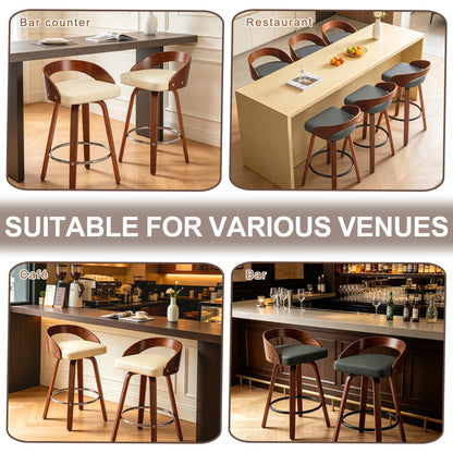 Phent zari Swivel Bar Stools, Mid Century Modern Bar Chairs Island Stools for Kitchen Counter, 25" Upholstered Faux Leather Counter Height Barstools with Walnut Back & Bentwood Legs (4, Grey)
