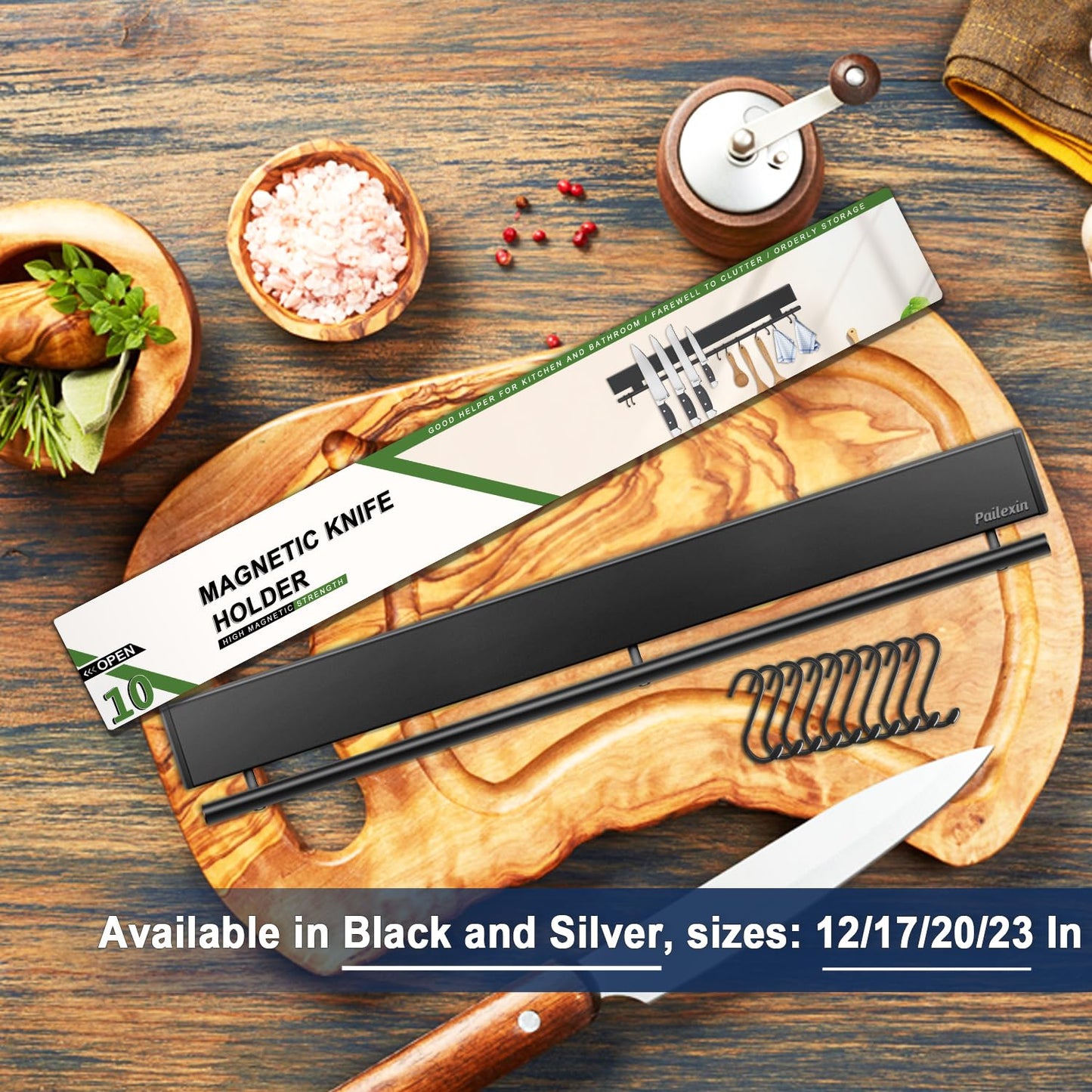 Pailexin 17 inch magnetic knife holder with 10 hooks, No Drilling black knife magnetic strip and utensil hanger for wall, Powerful knife magnet rack include tape and screws