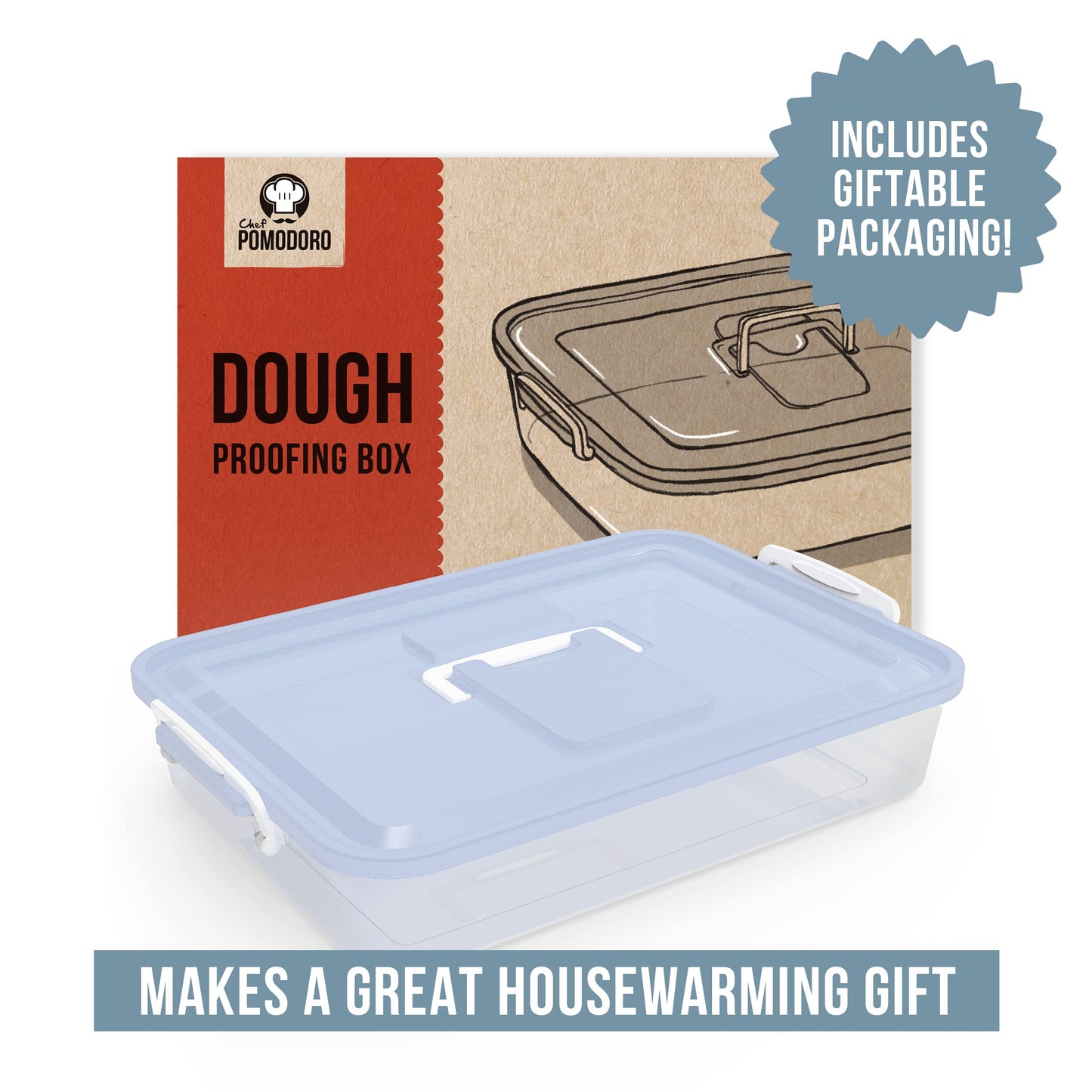Chef Pomodoro Pizza Dough Proofing Box, 14 x 11-Inch, Preparation Container with Lid, Fits 4-6 Proofing Balls, Household Pizza and Bread Dough Tray With Convenient Carry Handle (Blue)