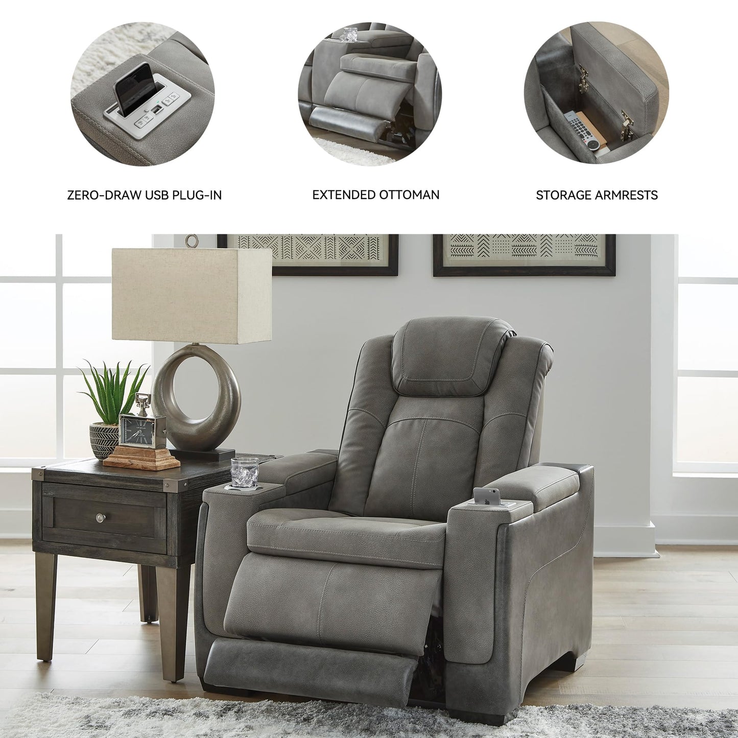 Signature Design by Ashley Next-Gen DuraPella Power Recliner with Adjustable Headrest, Storage Armrests, Wireless & USB Charging, Faux Leather, 2-Tone Gray