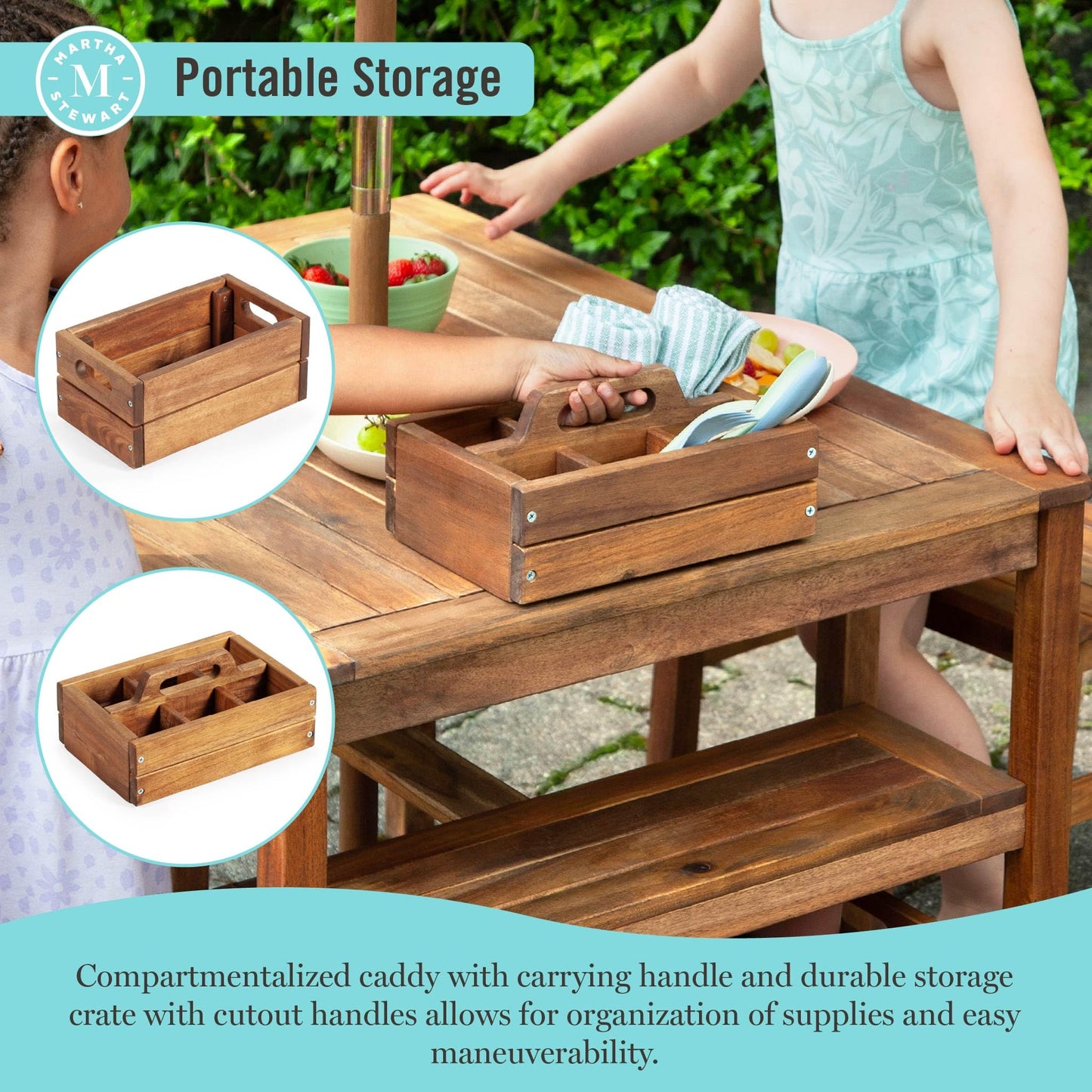 Martha Stewart Kids Outdoor Craft Table and 2 Bench Set: Acacia Wood Activity Desk w/Crate, Caddy, and Storage Shelves | Kids Play & Picnic Table w/Benches for Backyard, Patio, Outdoor Classrooms