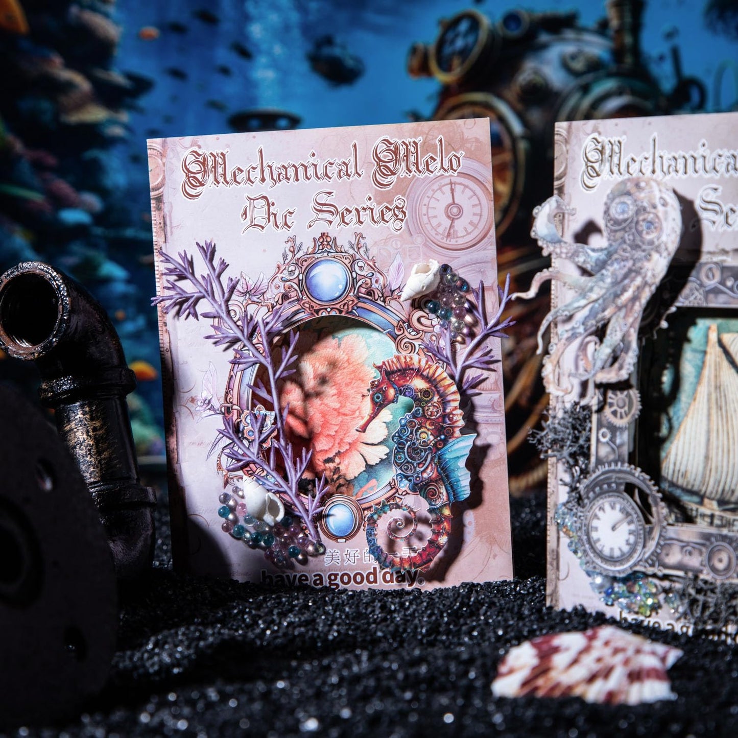 60-Piece Steampunk Ocean Scrapbook Stickers - Self Adhesive Hard Cardstock Victorian Stickers with Nautical Frames, Jellyfish, Seahorses, Fish, Mechanical Elements
