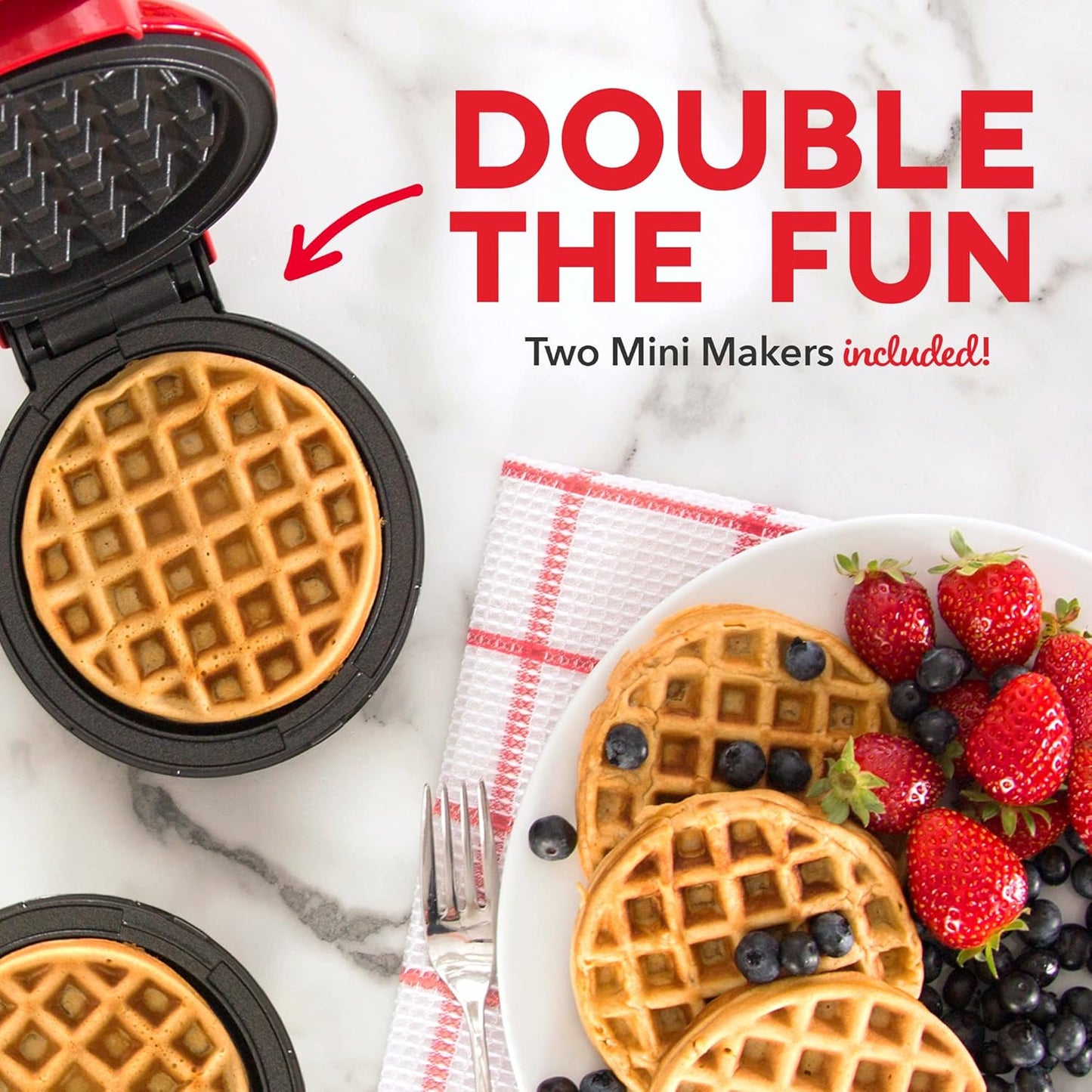 DASH Mini Waffle Maker, 2 Pack for Individual Waffles, Easy to Clean Non-Stick Surfaces, 4 Inch, Red