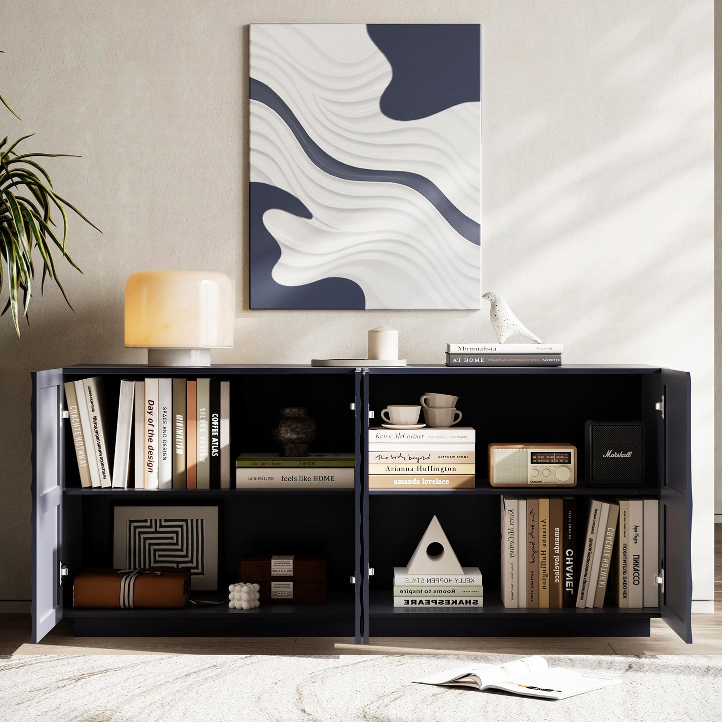 GDFStudio 59" Modern Buffet Sideboard Cabinet, Artistic 3D Texture Storage Cabinet with 4 Doors, Freestanding Credenza Buffet for Living Room Dining Room Kitchen Large Countertop Coffee Bar, Navy Blue