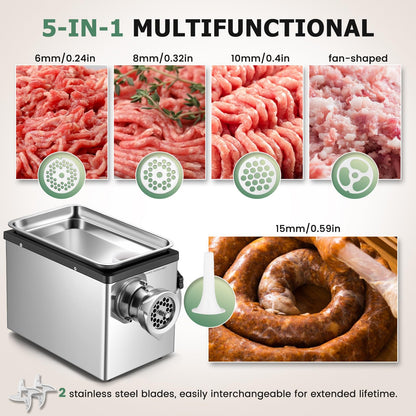 Huanyu Electric Meat Grinder 1100W Stainless Steel Meat Grinder Heavy Duty with 2 Blades 4 Plates Commercial Grinders for Restaurants, Butcher Shops 110V 1.5HP