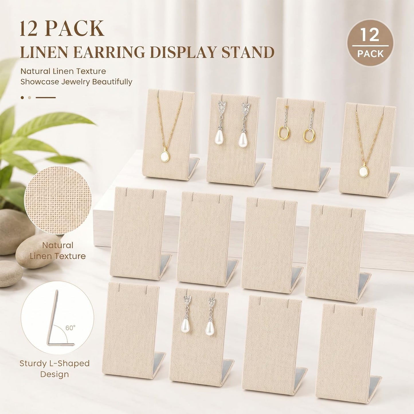RattanView 12 Pieces Linen Earring Display Stand Necklace Pendant Jewelry Stand Showcase Organizer Display Holder for Earring Pendant Accessory Rack(Linen Color,Straight Style)