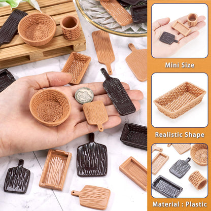 Magibeads 26Pcs Miniature Dollhouse Basket Food Bread Cutting Board Rattan Basket Food Tray Charcuterie Boards Tiny Things Stuff Accessories for Micro Garden Landscape Decoration