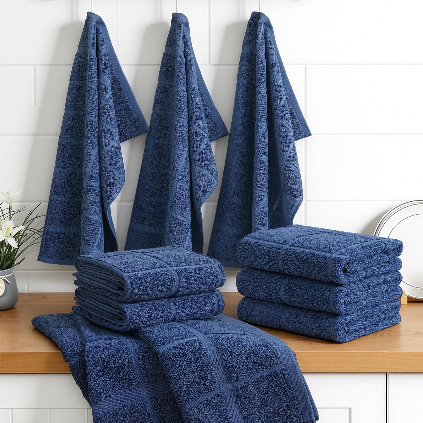 Homaxy Premium Kitchen Towels 18"x28", 6 Pack Large Cotton 380 GSM Dish Towels, Soft and Absorbent Kitchen Hand Towels with Terry Grid Design, Utility Tea Towel Set with Hanging Loop, Navy Blue