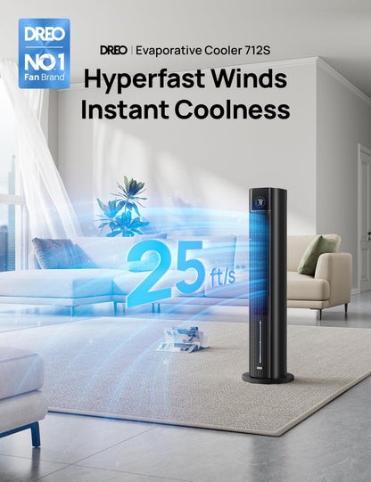 DREO Evaporative Air Swamp Cooler, 43" Cooling Fans that Blow Cold Air 2026 Upgraded, 80° Oscillating Floor Fan for Bedroom, Easy Cleaning, APP Control, Ice Packs, 4 Speeds & 4 Modes, 12H Timer, Black
