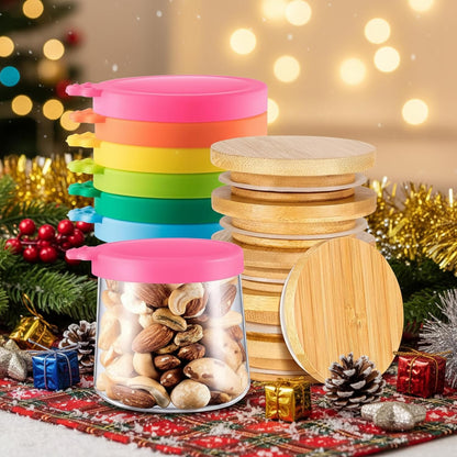 12 Set, 6 6 Mumufy Pcs Yogurt Jar Lids Colorful Covers Silicone Jar Lids and Bamboo Wood Yogurt Container Lids