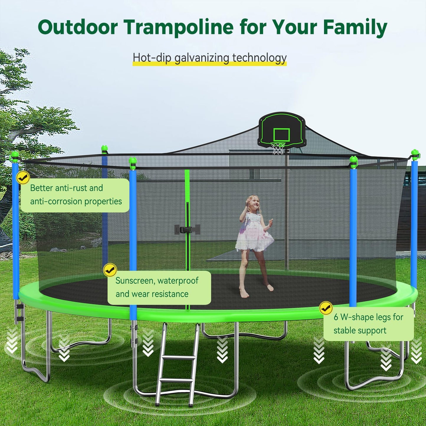 Tatub 16FT Trampoline for Kids and Adults, Outdoor Recreational Trampolines with Basketball Hoop & Enclosure Net, Green