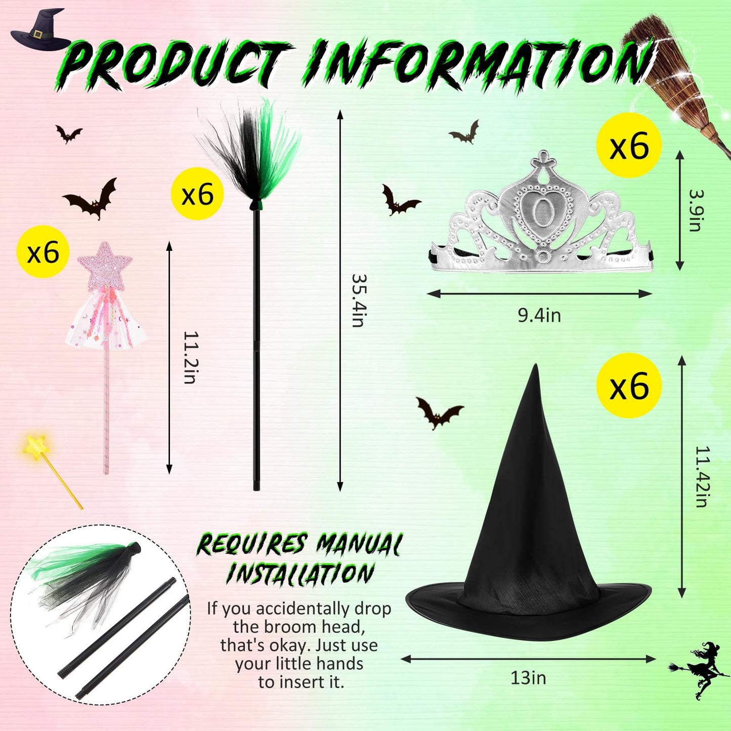 Shyyween 24 Pcs Witch Hats and Princess Crowns with Brooms and Glitter Star Wands Black Wizard Hats Decoration Costumes for Adults Princess Witch Party Supplies Gifts Birthday Dress up Cosplay