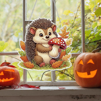 Bowetile Fall Diamond Art Hanging Kits for Adults, Hedgehog Diamond Art Suncatchers, 5D Special Shape Autumn Diamond Painting Pendant Window Ornament Gifts for Home Door Wall Decor