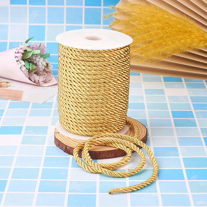 32 Yards 5mm Twisted Trim Cord Gold Polyester Twine Decorative Rope 3-ply Braided Fabric Macrame Thread String with Spool for Wall Hanging Plant Hangers Home Decor Customes Curtain Tieback
