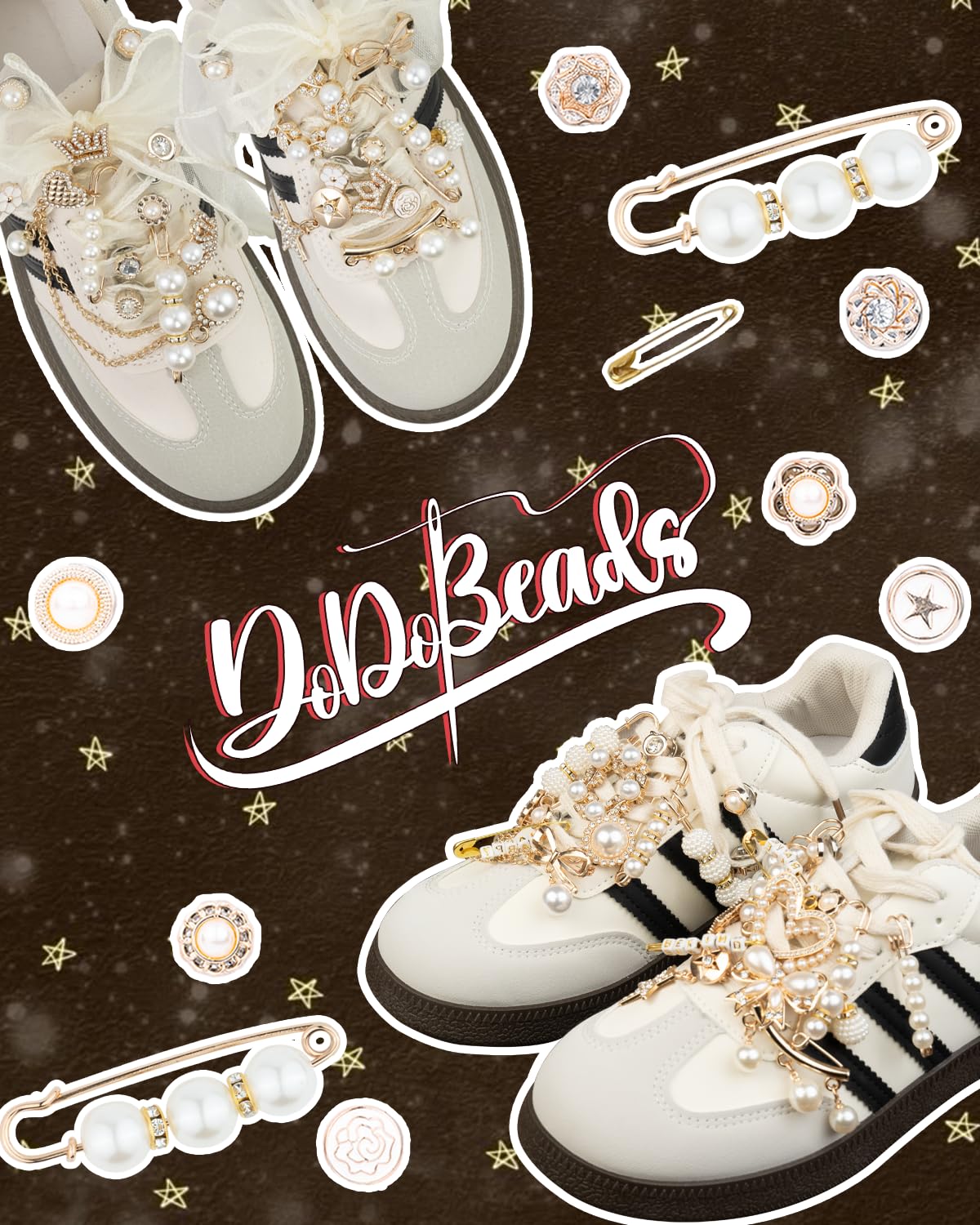DoDoBeads 68 Pcs Shoe Charms for Sneakers, Elegant Sneaker Charms Kit with Pearls, Crowns, Ribbons & Satin/Lace Shoelaces, Sock Charm for Women, DIY Shoe Lace Decorations