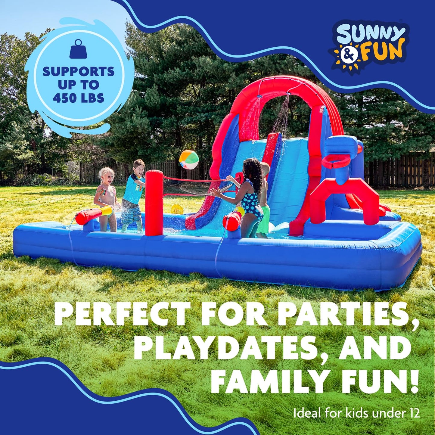 Sunny & Fun Ultra All-Play Inflatable Water Slide Park – Heavy-Duty for Outdoor Fun - Climbing Wall, Slides, Bounce House, Volley Net, Hoop, Deep Pool – Inflate w/Included Air Pump & Carrying Case