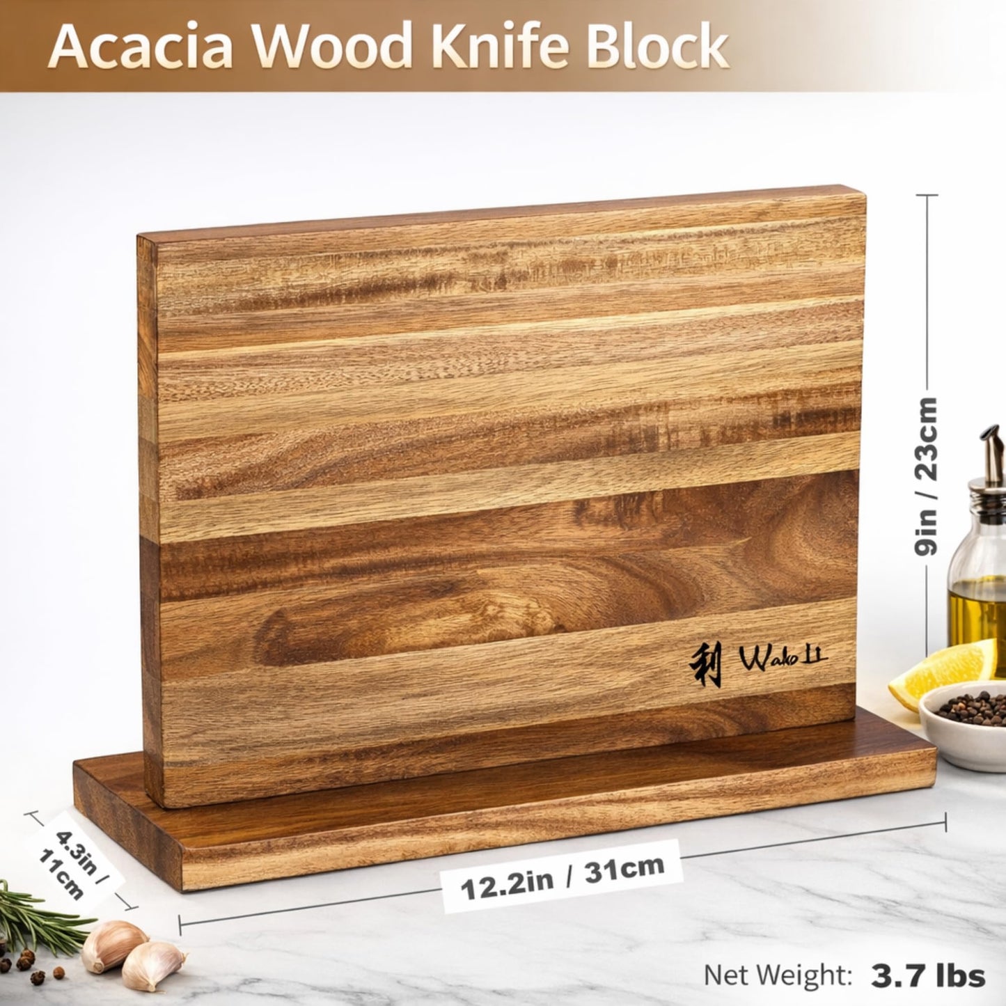 Wakoli Damascus Knife Block Set – 4-Piece Professional Kitchen Knives with Magnetic Block – Kitchen Knife Set made of 67-Layer Damascus Steel Blades & Ergonomic Zebrawood Handles