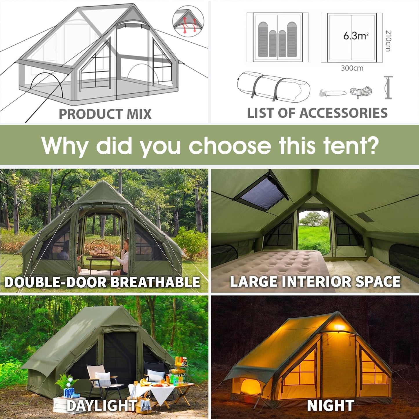 9.8' x 7' Inflatable Tents for Camping 4-6 Person, 4 Season Blow Up Tent with Waterproof & Anti-Moisture Tarp, Luxury Inflatable Hot Tent with Stove Jack for Camping Outdoors