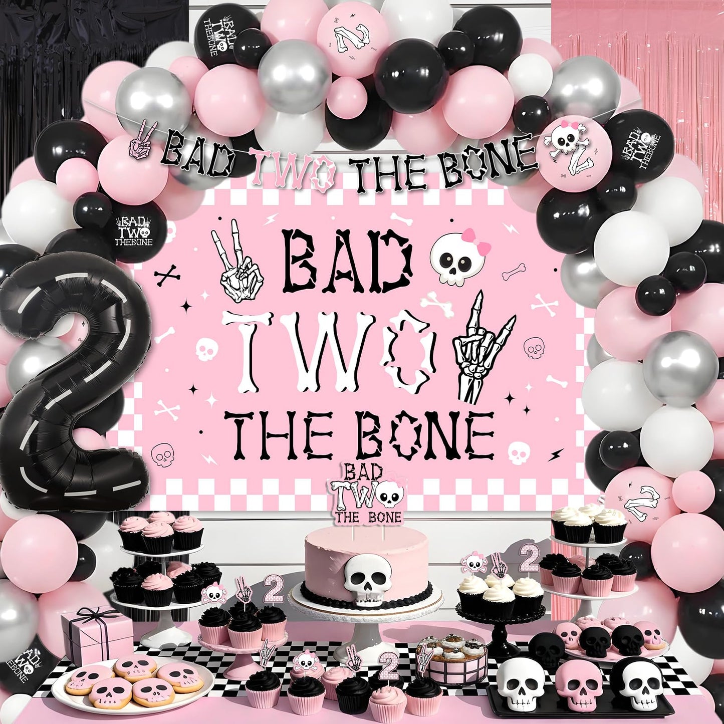 kreat4joy Bad Two The Bone Party Decoration Pink, Skeleton Theme Backdrop Banner Cake Cupcake Topper Table Cloth Hat Fringe Curtain Latex Balloon Garland Arch Kit for Girl 2nd Birthday Decoration