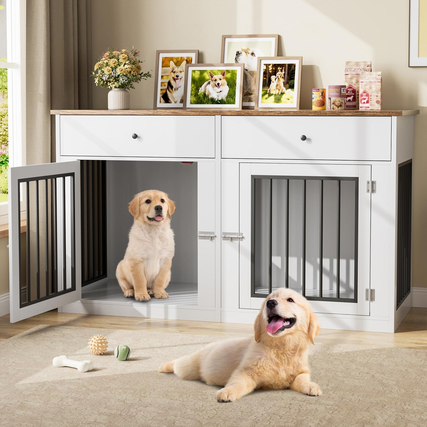 Dog Crate Furniture for 2 Dogs, 60" Farmhouse Dog Kennel Furniture with 2 Large Drawers, Indoor Dog Cage & TV Stand, Wooden Double Dog Crates for Small Medium Dogs, White