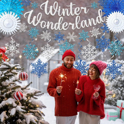 Winter Wonderland Decorations - Blue Glitter Banner & Snowflake Ornaments for Festive Indoor Decor