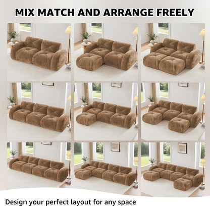 Camel L-Shaped Sectional Couches for Living Room, Velvet Fabric Boneless Couch, No Assembly Cloud Modular Sectional Sofa with 1 Ottoman, Foam Couch Compressed Sofa Set for Apartment, Sofas para Sala