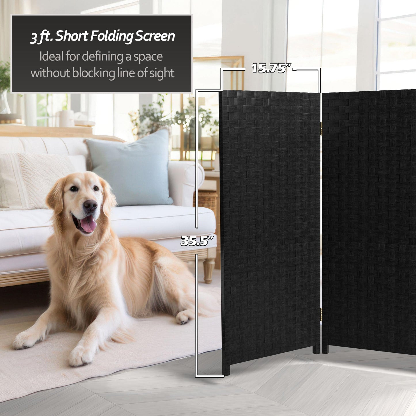 Red Lantern 3 ft. Short Woven Fiber Folding Screen - 8 Panel - Black