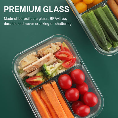HOMBERKING 8 Pack Glass Meal Prep Containers 3 Compartment, 36oz Glass Food Storage Containers with Lids, Airtight Lunch Bento Boxes, BPA-Free & Leak Proof (8 lids & 8 Container) - Black