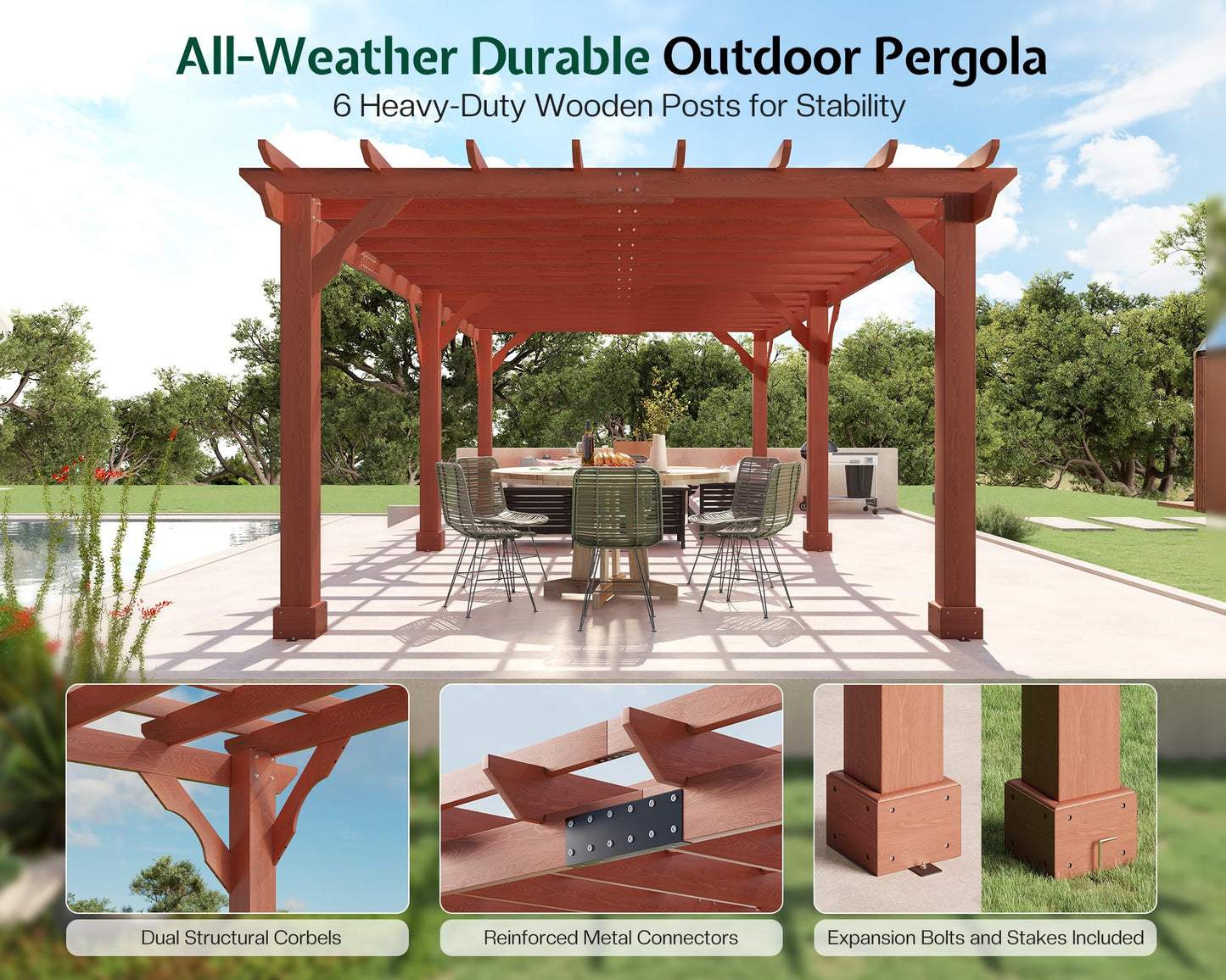 Jocisland 12x24 FT Premium Cedar Wood Pergola with Trellis Roof & Weather-Resistant Support, Outdoor Pergola Kit with Stakes, Garden Gazebo for Patio, Backyard & Events, Reddish-Brown