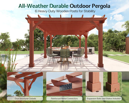 Jocisland 12x24 FT Premium Cedar Wood Pergola with Trellis Roof & Weather-Resistant Support, Outdoor Pergola Kit with Stakes, Garden Gazebo for Patio, Backyard & Events, Reddish-Brown