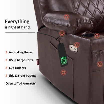 MCombo Small Power Lift Recliner Chair Sofa with Massage and Dual Heating, Adjustable Headrest for Elderly People Petite, USB Ports, Faux Leather 7111 (Dark Brown)