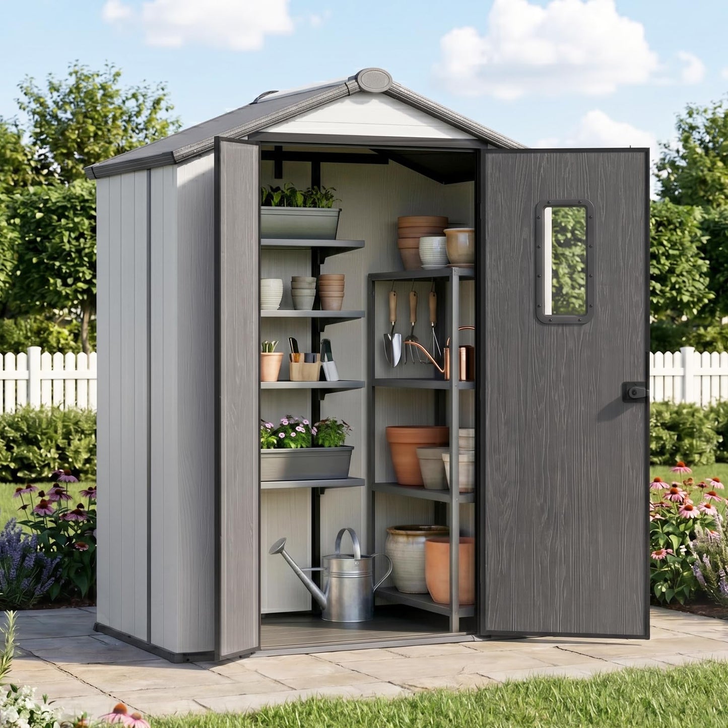 COOS BAY 5x3 Outdoor Storage Shed with Floor, Lockable Doors, All-Weather Resin Garden Tool Shed, White/Gray