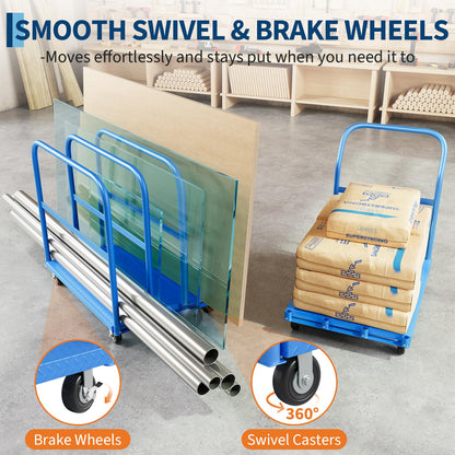 FinerFurnis 2000LBS Heavy Duty Folding Platform Cart - Q235 Steel Flatbed Trolley - 4 Swivel Wheels (2 Brakes) - Collapsible Design - Industrial Dolly for Office, Warehouse, Furniture Moving - Blue |