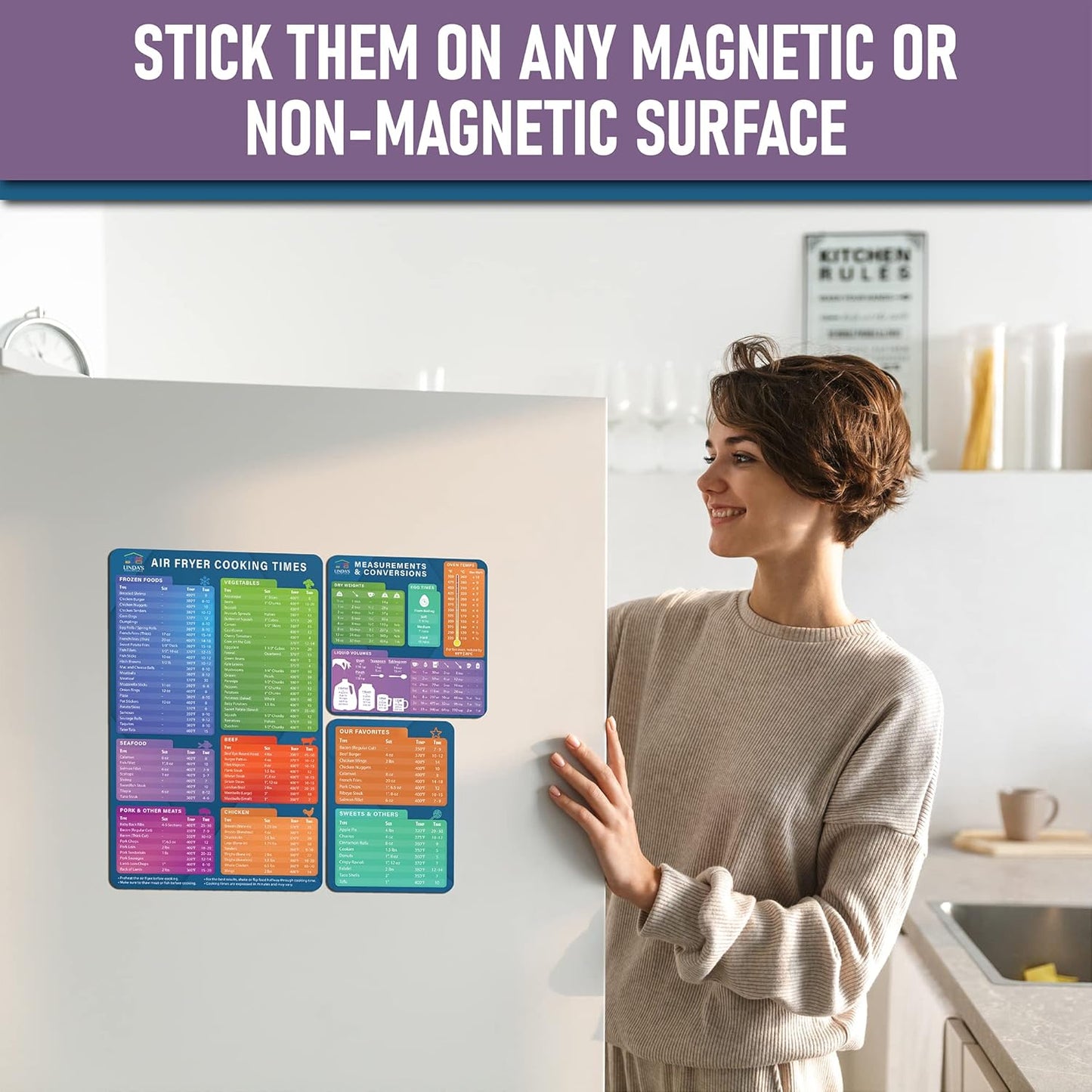 Air Fryer Magnetic Cheat Sheet Set by Linda’s Essentials - Quick Reference Guide for Cooking Times & Kitchen Conversions
