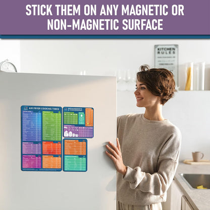 Air Fryer Magnetic Cheat Sheet Set by Linda’s Essentials - Quick Reference Guide for Cooking Times & Kitchen Conversions