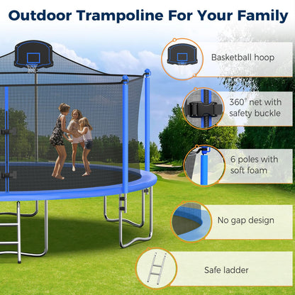 Tatub 16FT Trampoline for Kids and Adults, Outdoor Recreational Trampolines with Basketball Hoop & Enclosure Net, Blue