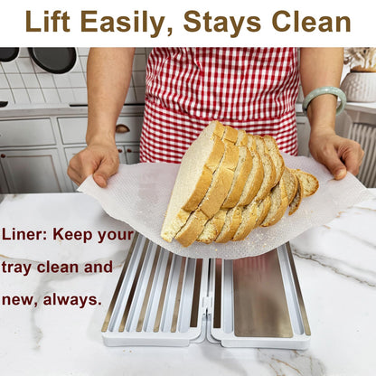 Stainless Steel Bread Slicer for Homemade Bread, Bread Slicing Guide with 20 Liners, 2 Thickness Cutting Guide with Crumb Tray, Bread Loaf Cutter Adjustable Width, for Sourdough, Meats, Deli