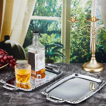 Tiangrid 2 Pcs Silver Serving Tray Elegant Floral Metal Plate Silver Platter for Buffet Wedding Party Jewelry Decorative (Oblong with Handle)