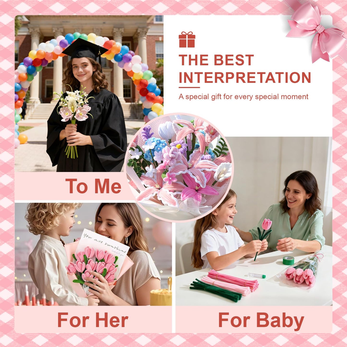 650PCS Pipe Cleaners Bulk, Pipe Cleaners Craft 7 Colors Chenille Stems Flower Kit with Floral Wires, Tape, Stamens, Wrapping Paper for DIY Bouquet & Gifts (Pink)