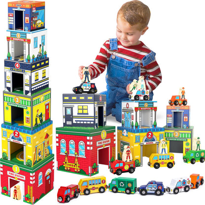Atoylink Toddler Sorting and Stacking Toys with Magnetic Wooden Cars & Community Helpers, Baby Number Blocks Nesting Boxes Preschool Learning Montessori Toys for 1 2 3 Year Old Boys Girls Gift
