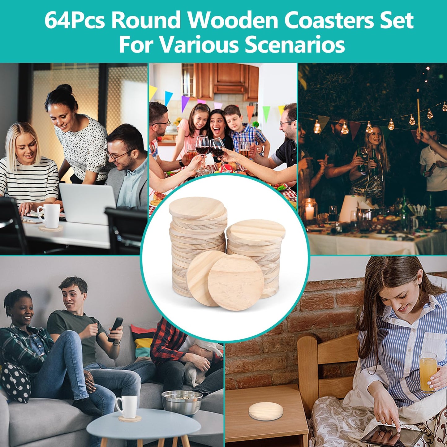 Adrattnay 64Pcs Unfinished Wood Coasters, 4" Round Wooden Coasters Tabletop Protection with Non-Slip Dot for Drinks, 9mm Blank Wood Coasters Bulk for Laser Engraving Painting Wood Burning Crafts
