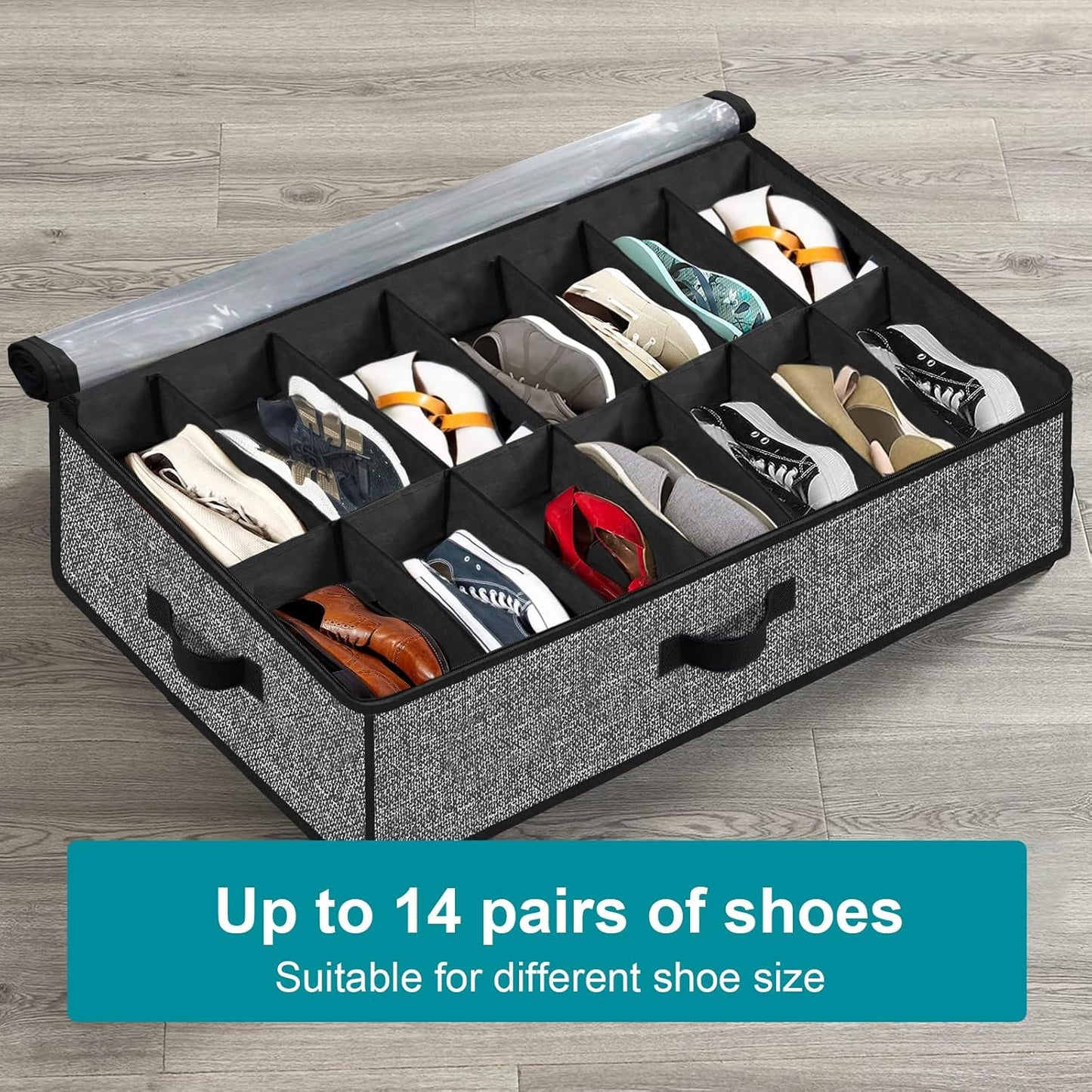 Under Bed Shoe Storage Organizer, 2 Pack for 28 Pairs, Clear Window, Foldable Shoe Rack Holder, Black
