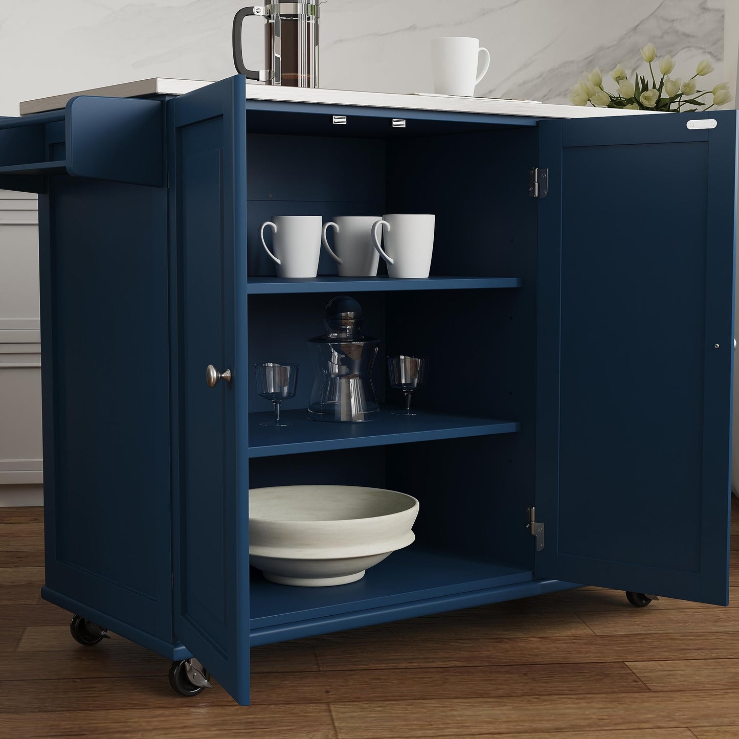 Homestyles Mobile Kitchen Island Cart with Stainless Steel Top, Blue