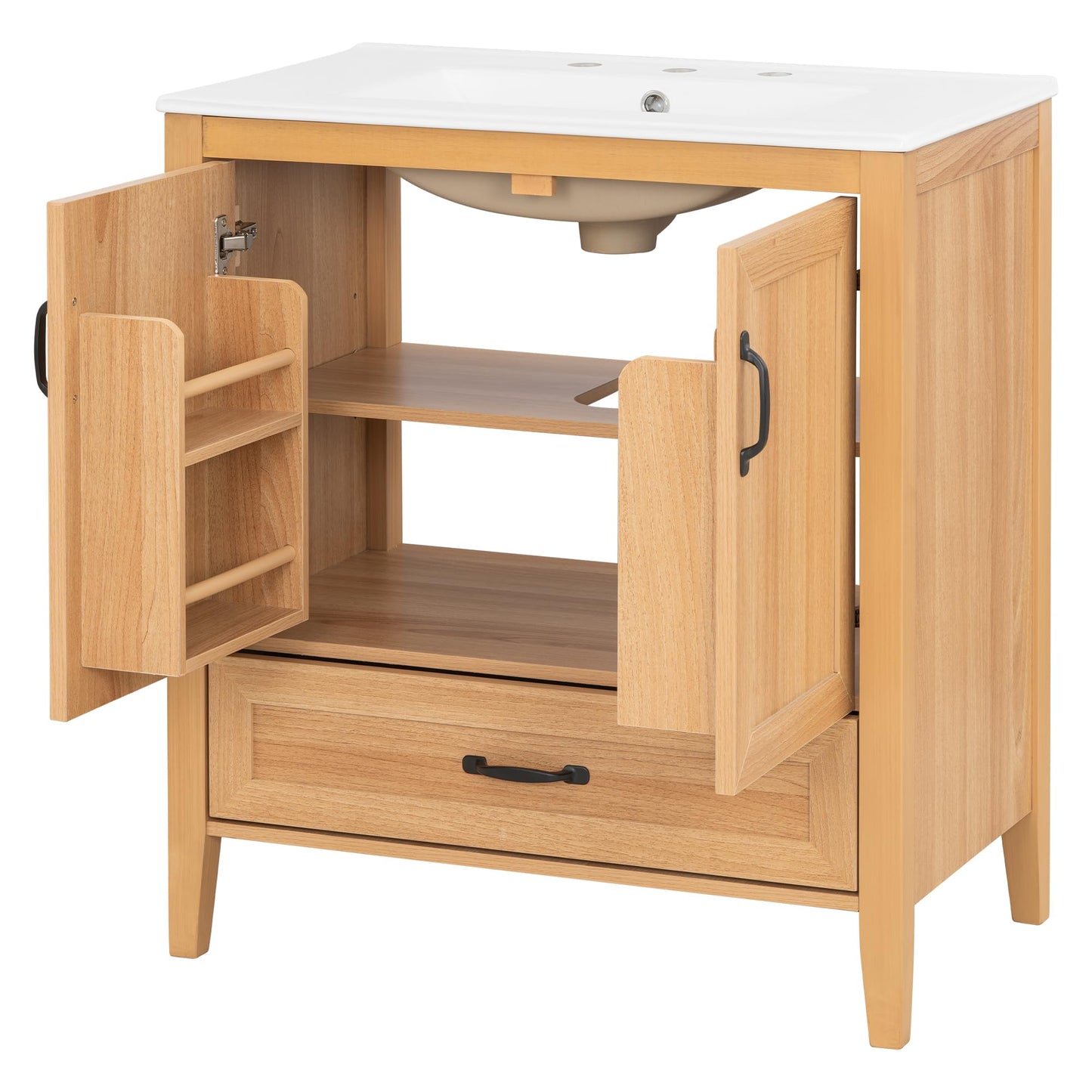 Christopher Knight Home Tessa 30" Bathroom Vanity with Ceramic Sink, Wooden Storage Cabinet with Adjustable Interior Shelf, Bathroom Organizer with Soft-Close Double Doors & Bottom Drawer, Wood
