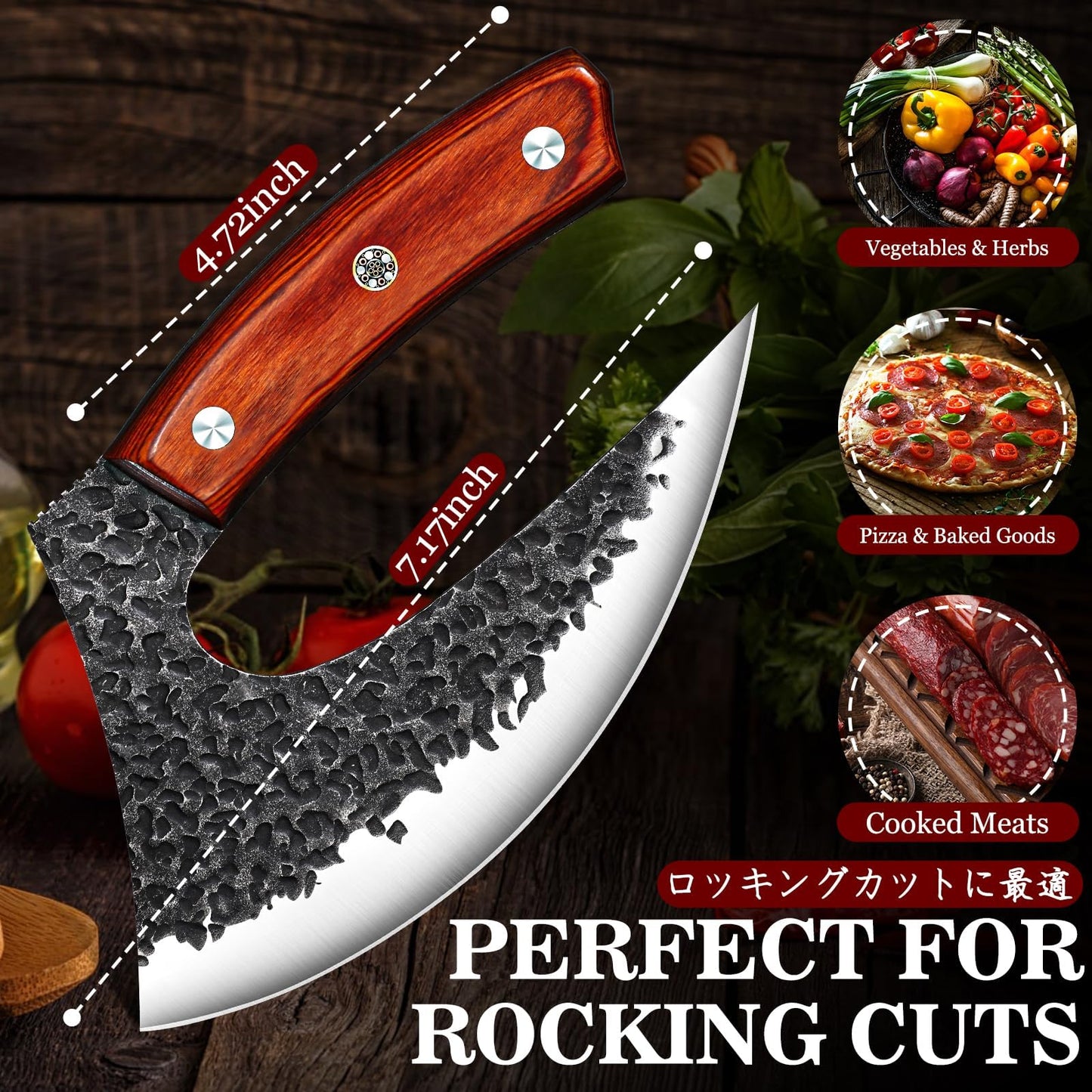 TIVOLI Ulu Knife with Sheath – Full Tang Rosewood Handle, Gift-Ready Box, Viking-Style Cleaver & Pizza Cutter for Meat, Herbs, and Outdoor Cooking –A Christmas Gift for Men and Women