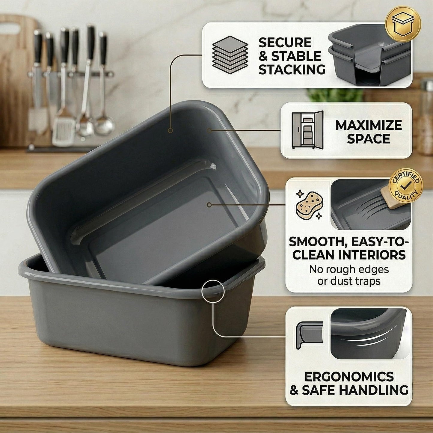 DecorRack 2 Plastic Wash Basins, Large 10 Quart Graduated Bucket, Portable Washbasin for Washing, Cleaning, Foot Bath, Dishes, Face Cleansing Bowl, Gray (2 Pack)