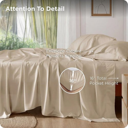 Bedsure King Size Cooling Sheet Set - Breathable Rayon from Bamboo, Deep Pocket Up to 16", Luxurious Beige