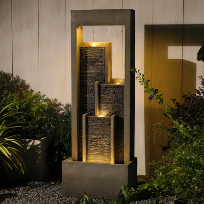 Takamota Indoor Waterfall Fountain, 52" Modern Tiered Indoor Water Feature with LED Lights, Resin Freestanding Garden Water Fountain for Patio, Room Decor Backyard Waterfall Feature, Gray Stone Look