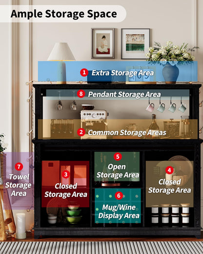 Hetoy Farmhouse Coffee Bar Cabinet 55" Tall with Sliding Barn Door, LED Light, Power Outlet – Storage Drawers, 12-Bottle Wine Rack, Ideal Coffee Hutch for Dining Room or Home Bar