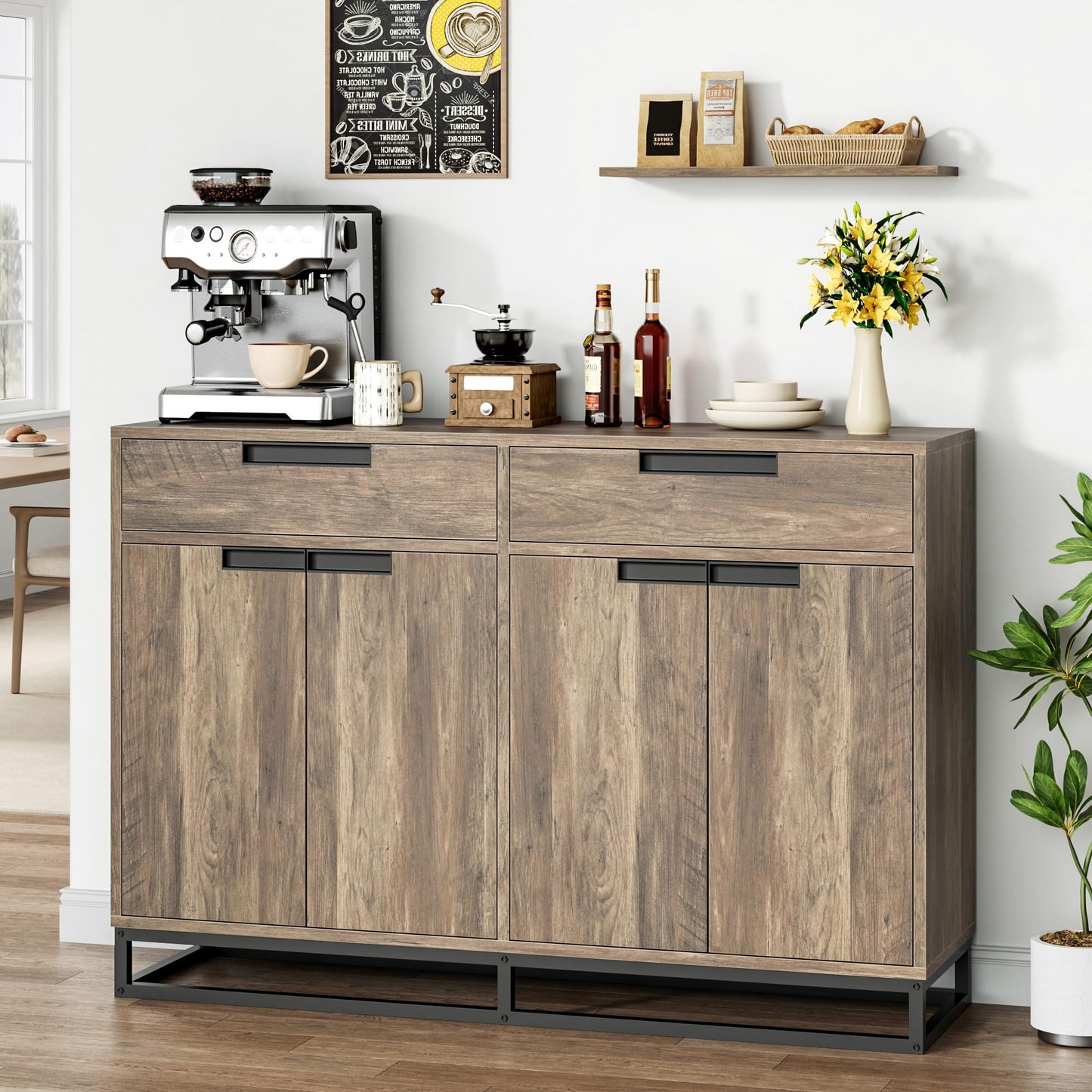 GarveeHome Sideboard Buffet Cabinet, 55-Inch Large Modern Kitchen Accent Storage Cabinet with 2 Drawers and 4 Doors, Coffee Bar Buffet Table for Kitchen and Dining Room (Retro)